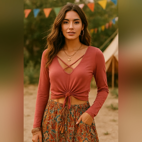 🌿Gaze Women's Small Deep Dusty Rose Crop Top with Crisscross Bodice - Picture 8 of 10